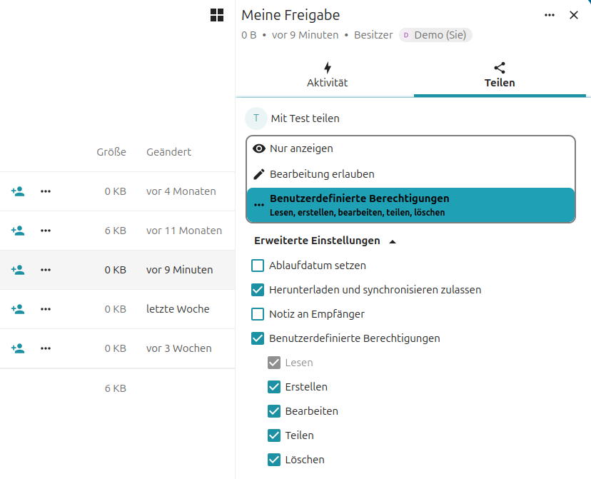 Interne Freigabe Benutzerdefiniert